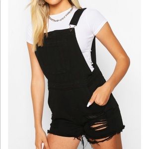 Boohoo Black Distressed Overall Shorts
